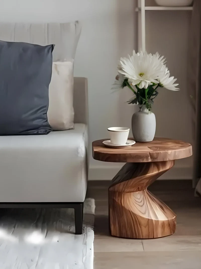 Solid Wood Spiral Pedestal End Table Round Top Sculptural Base