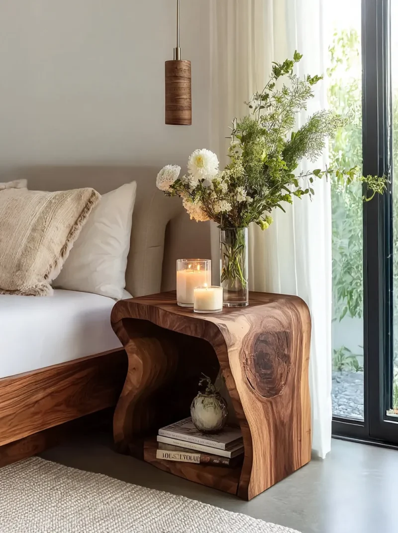 Live Edge Solid Wood End Table Open Shelf Block Base Rustic