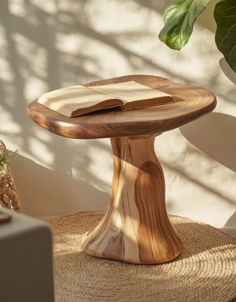 Solid Wood Mushroom Pedestal End Table Round Top Natural Finish